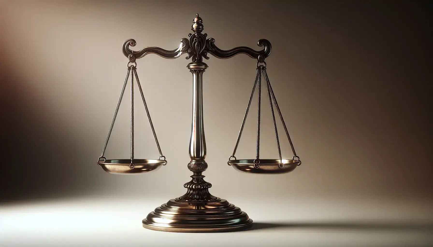 Balanza de justicia clásica equilibrada, de metal brillante, con platos circulares y base sólida sobre fondo neutro.