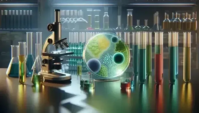 Laboratory with petri dish of green bacteria, microscope ready for slide examination, and shelf with colorful liquid-filled flasks and test tubes.