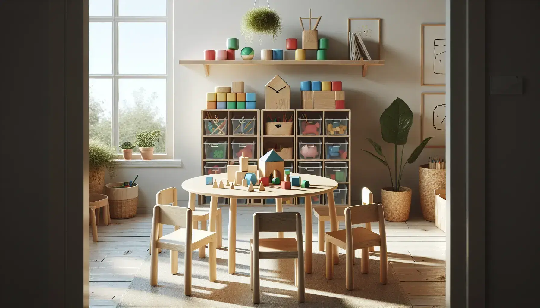 Aula escolar luminosa con mesa redonda de madera y sillas infantiles de colores primarios, bloques geométricos de madera sobre la mesa y estantería con materiales educativos al fondo.