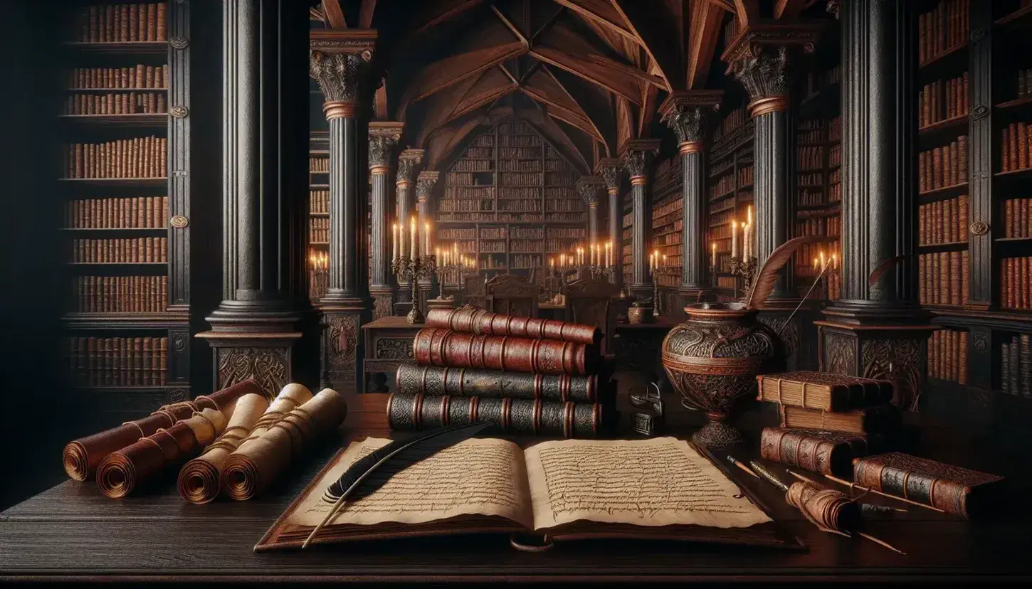 Biblioteca antica con tavolo in legno, penna d'oca, calamaio, pergamene e libri su scaffali in una stanza illuminata da candele.