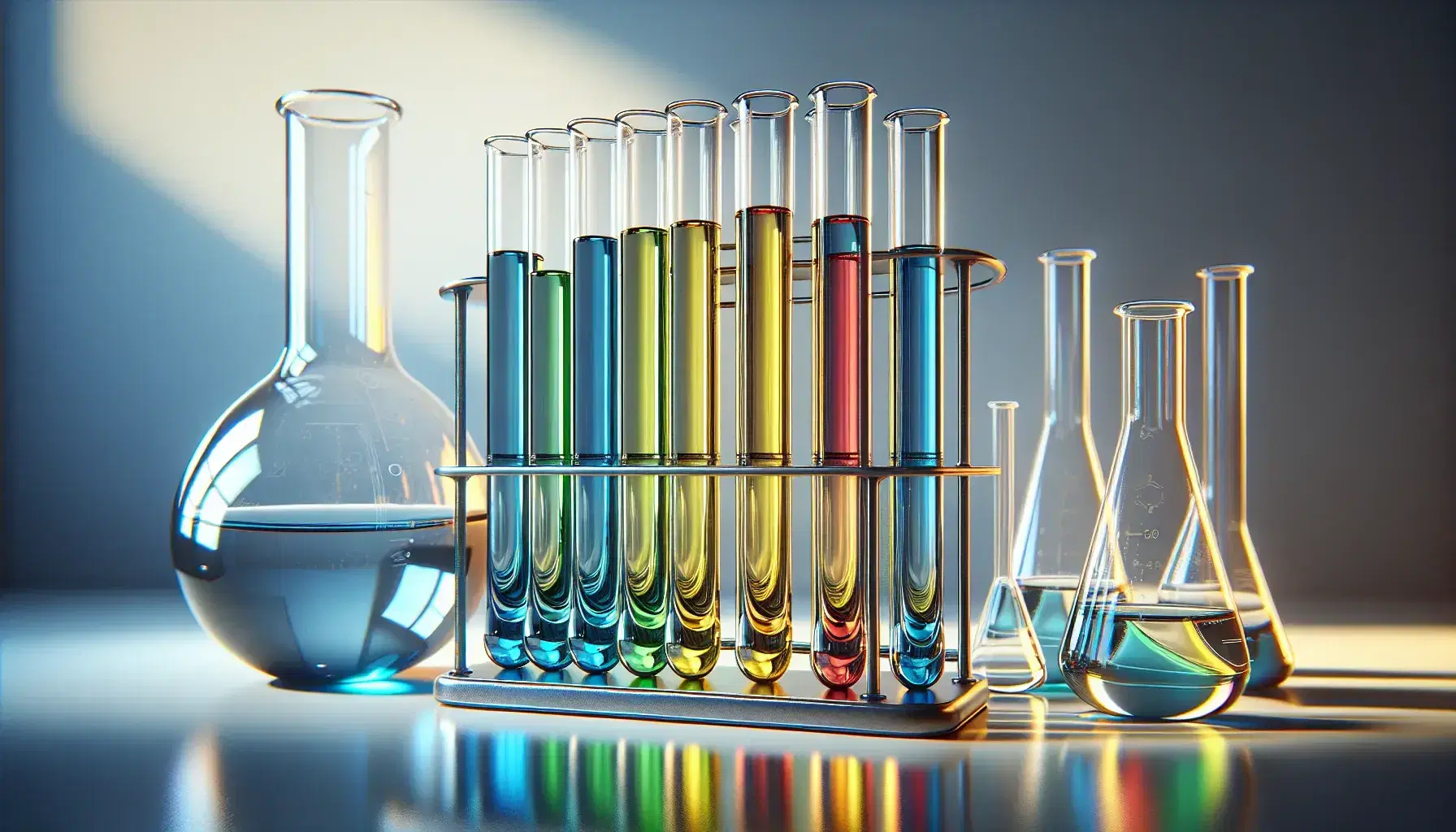 Tubos de ensayo de vidrio con líquidos de colores azul, verde, amarillo y rojo en fila sobre superficie blanca, junto a matraz Erlenmeyer transparente.