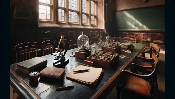 Aula universitaria vintage con pareti in mattoni a vista, grande tavolo in legno, sedie antiche, libri rilegati, penna stilografica, inchiostro e microscopio.