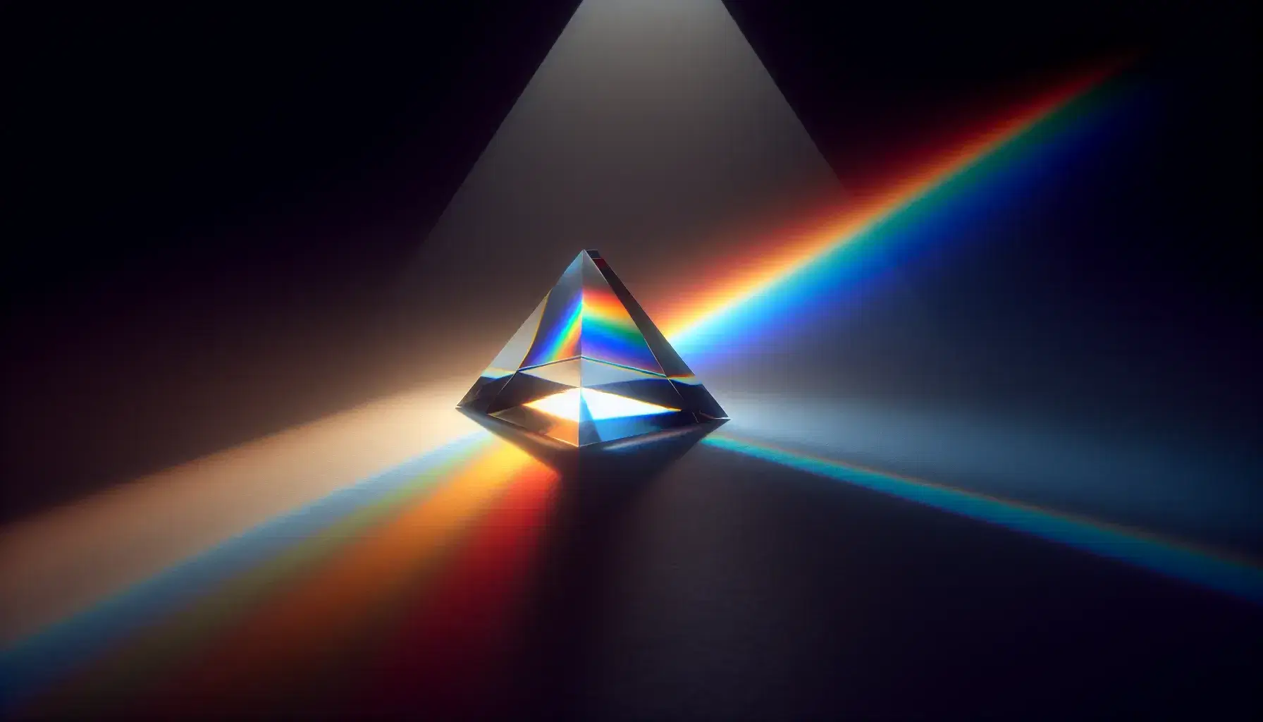 Prism on dark surface refracting white light into a vivid color spectrum, showcasing red to violet hues against a gradient background.