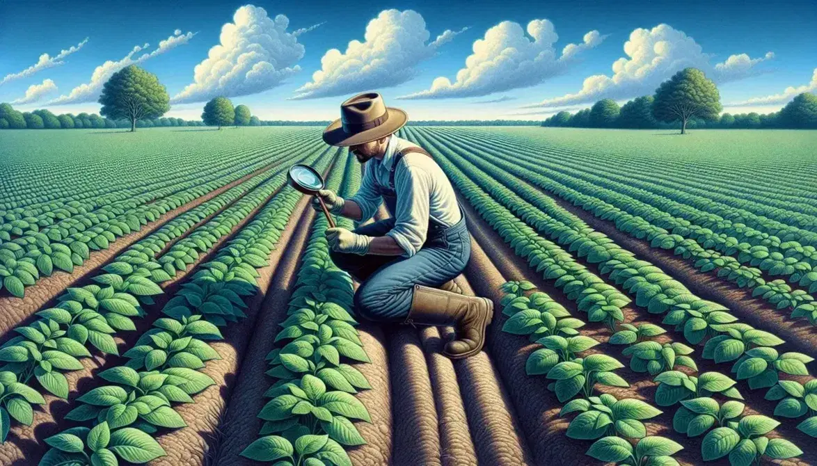 Agricultor examinando hoja de cultivo con lupa en campo bajo cielo azul con nubes, reflejando cuidado y salud de las plantas.