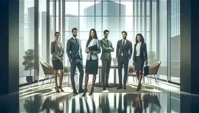 Grupo de profesionales diversos conversando en el vestíbulo moderno de un edificio con grandes ventanas y mobiliario elegante.