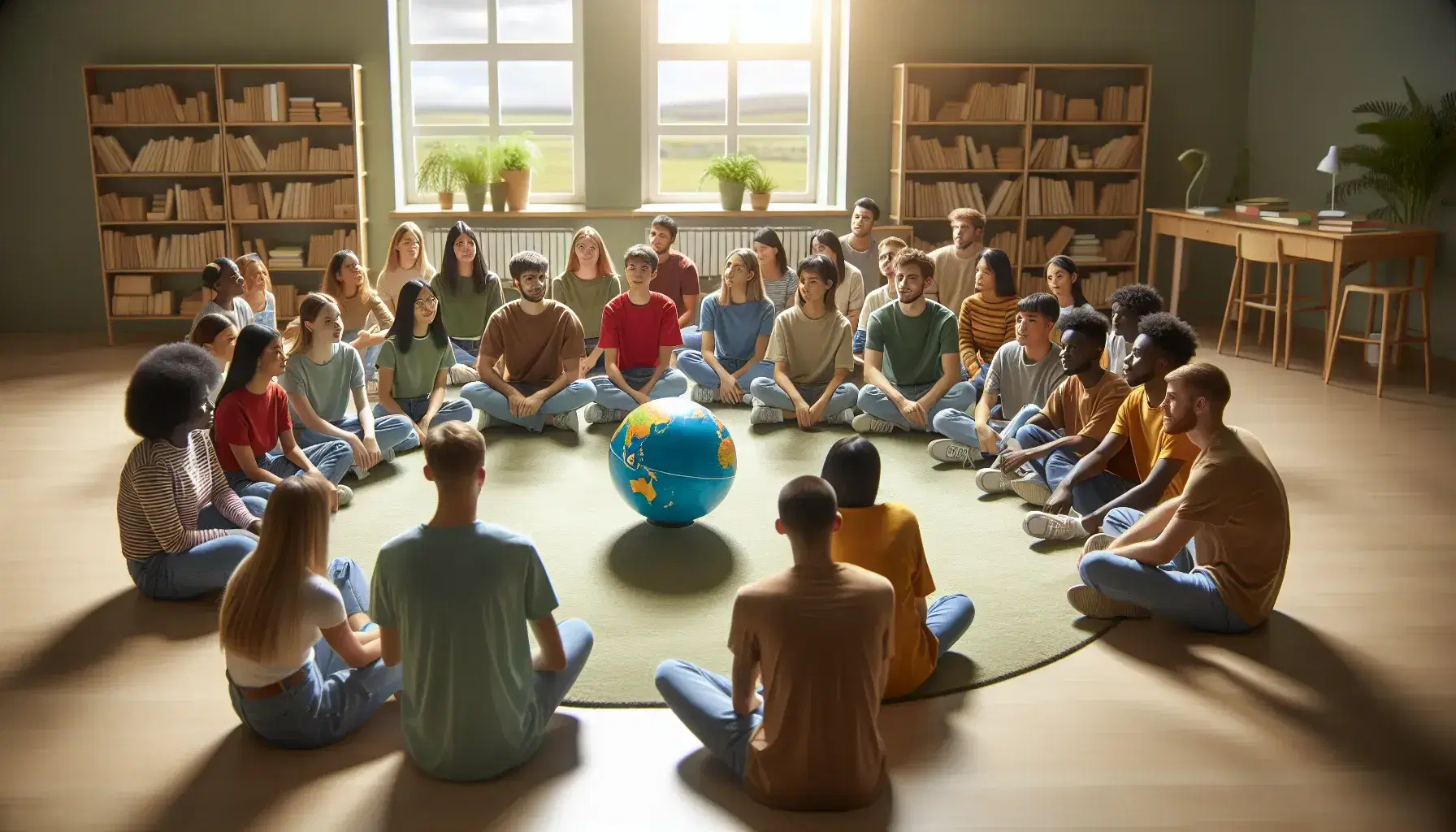 Estudiantes diversos sentados en círculo en un aula observan un globo terráqueo, reflejando interacción y aprendizaje multicultural bajo luz natural.