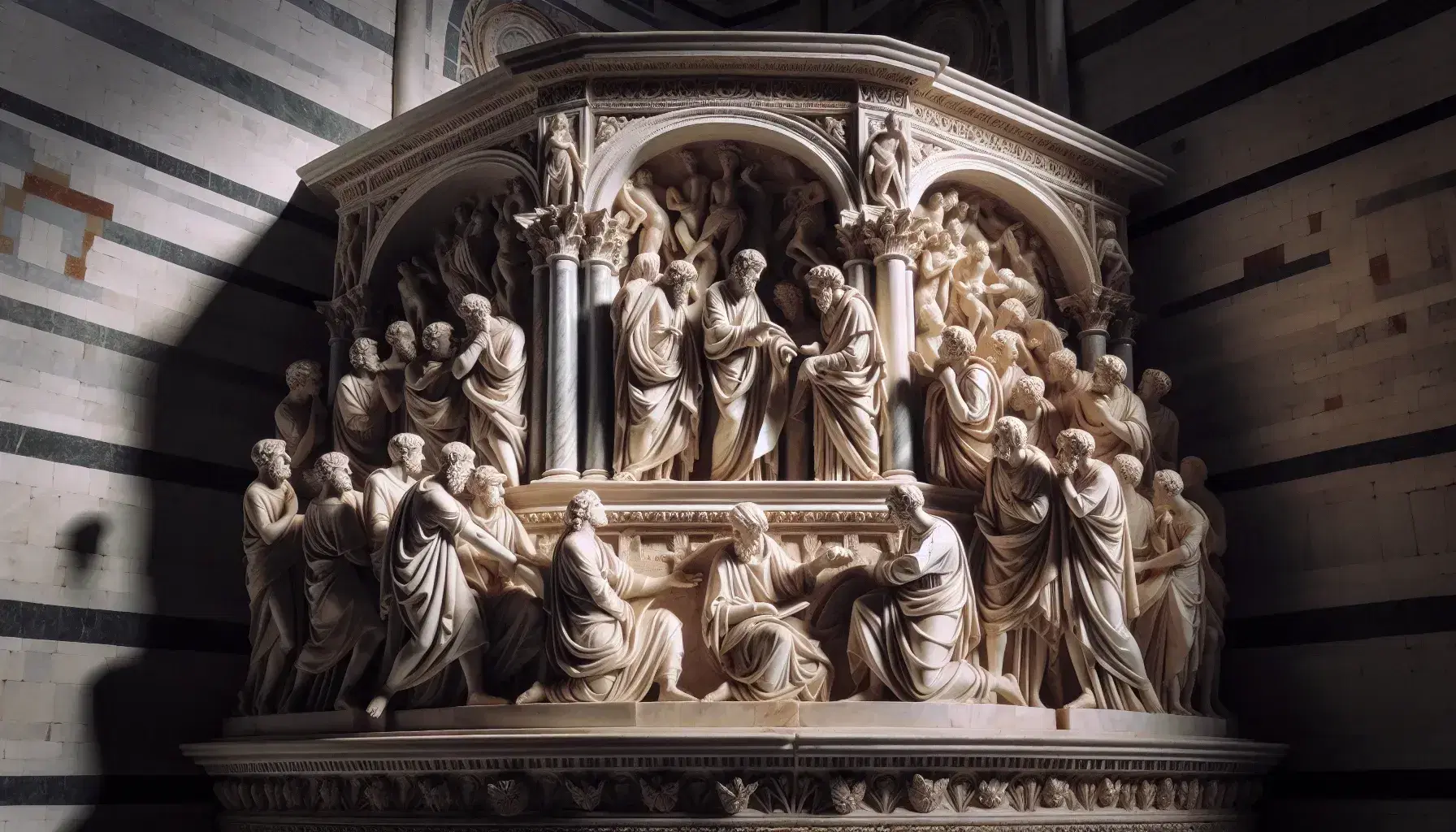 Scultura in marmo del Pulpito del Battistero di Pisa con figure umane in scene narrate, dettagliate e dinamiche, su sfondo scuro.