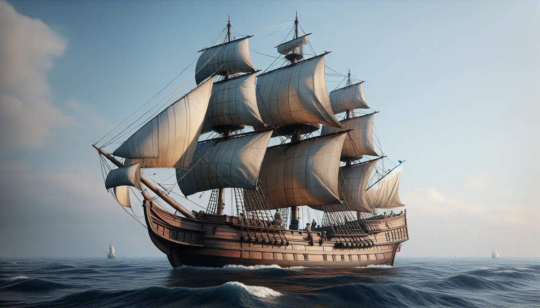 17th-century wooden sailing ship with three masts and beige sails on calm blue sea, diverse crew in period attire, clear sky above.