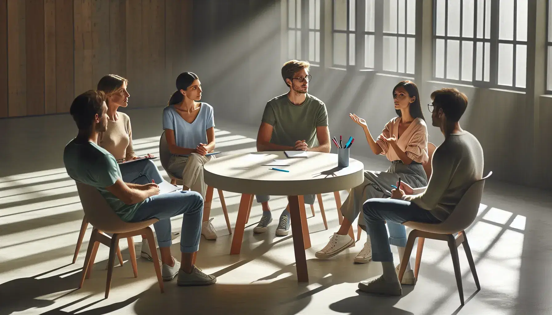 Grupo de cinco personas sentadas en círculo en una sala iluminada naturalmente, con una mesa redonda y materiales de escritura, participando en una discusión activa.