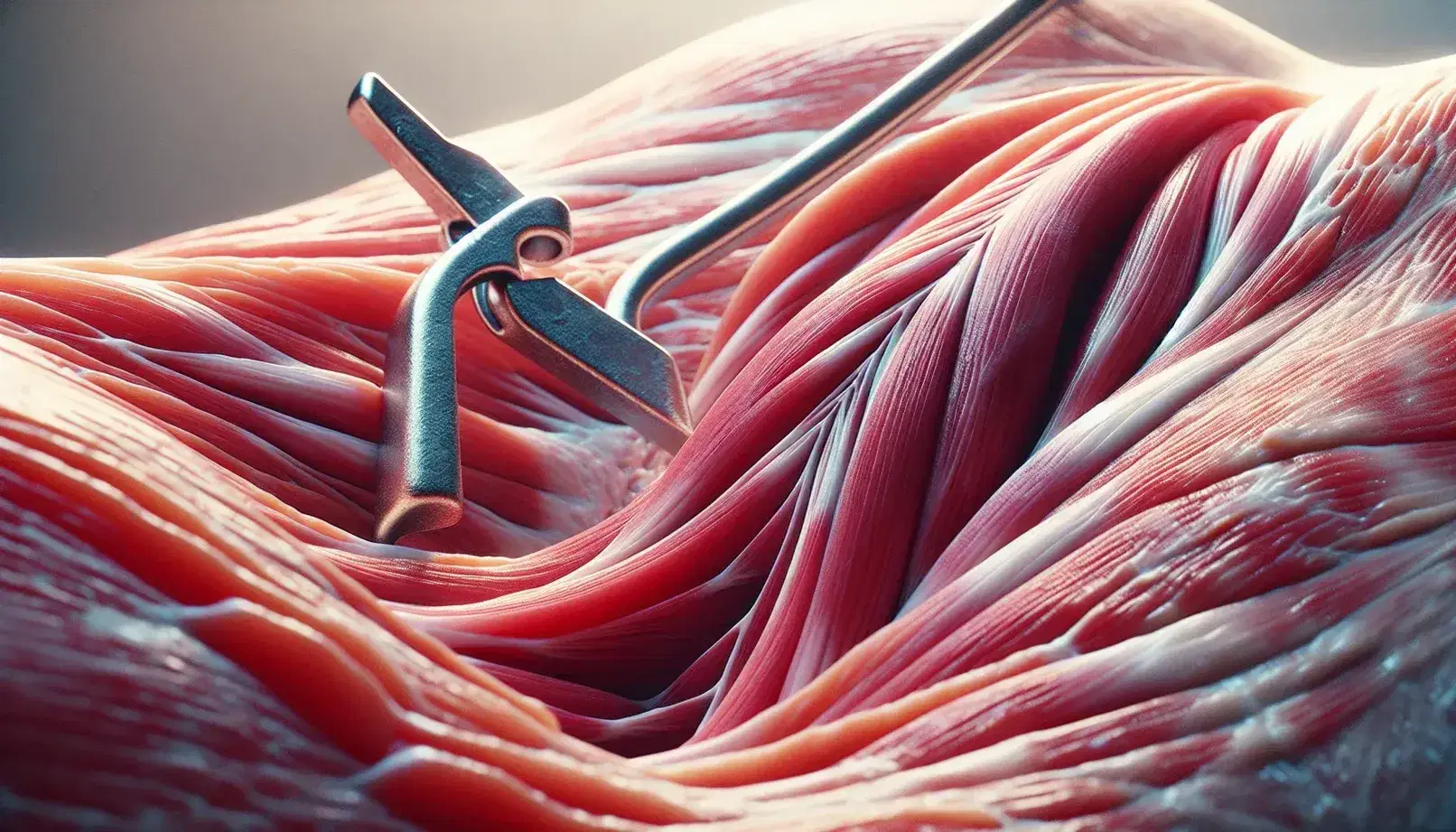 Biopsia di muscolo scheletrico umano con striature trasversali evidenti, tenuto da pinza chirurgica in acciaio, su sfondo sfocato.