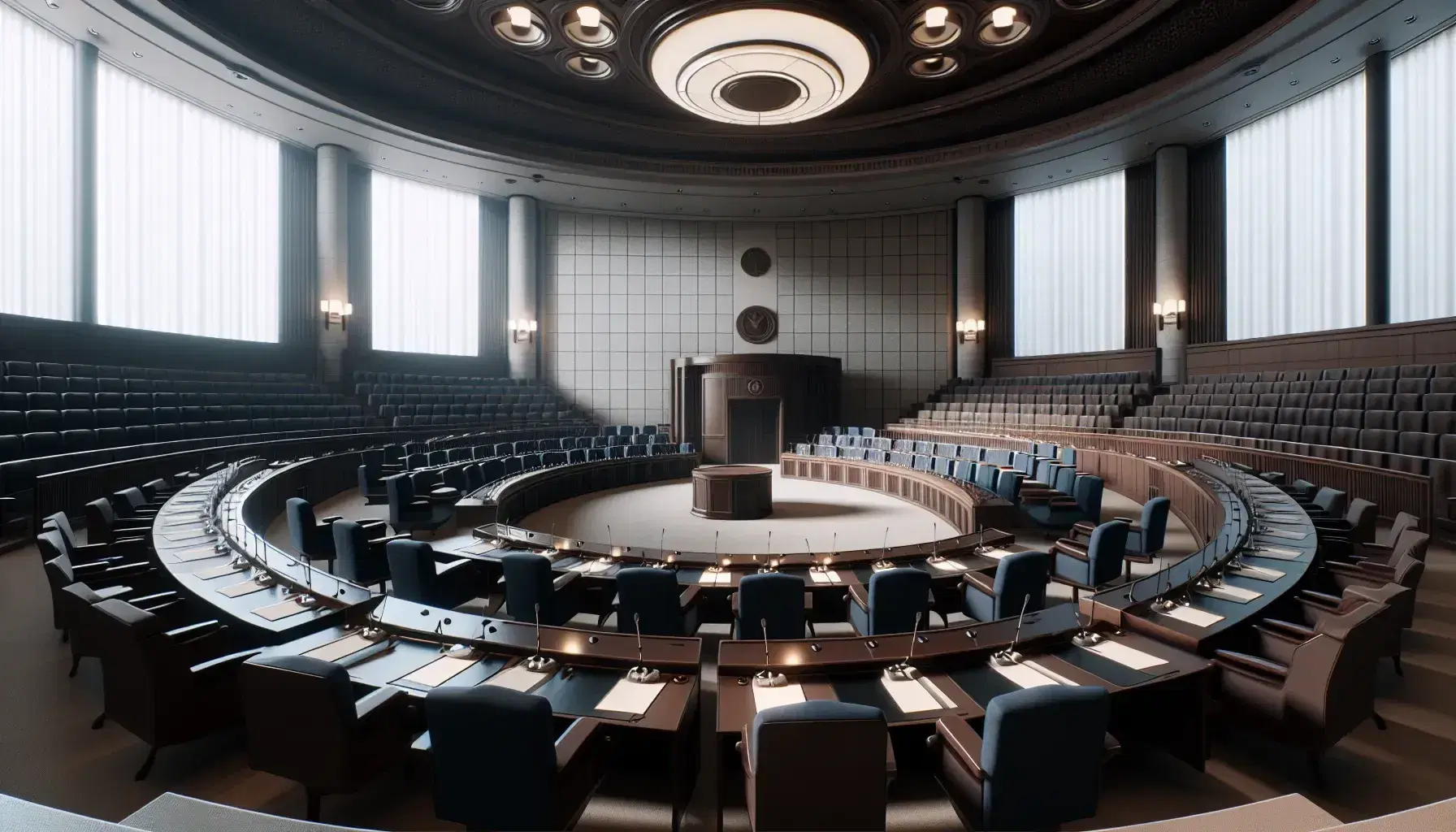 Sala parlamentare vuota con scrivanie semicircolari, sedili blu, podio in legno e finestra grande che illumina l'ambiente.