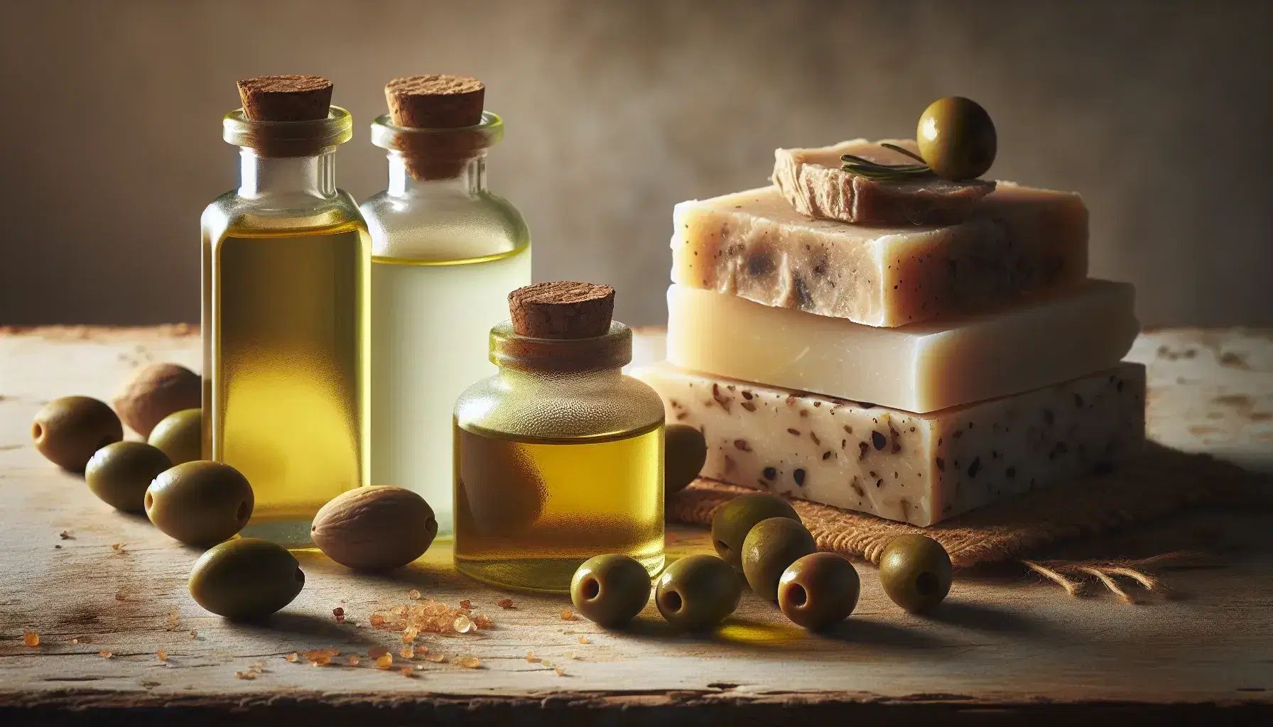 Colección de aceites en botellas de vidrio con corcho, aceite de oliva dorado, coco blanco y almendra pálido, junto a aceitunas verdes y negras y jabón artesanal en fondo neutro.