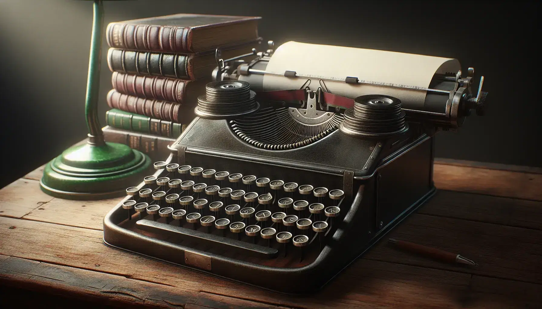 Vintage typewriter with round black keys on an old wooden desk beside a stack of hardcover books and a softly lit green banker's lamp in the background.