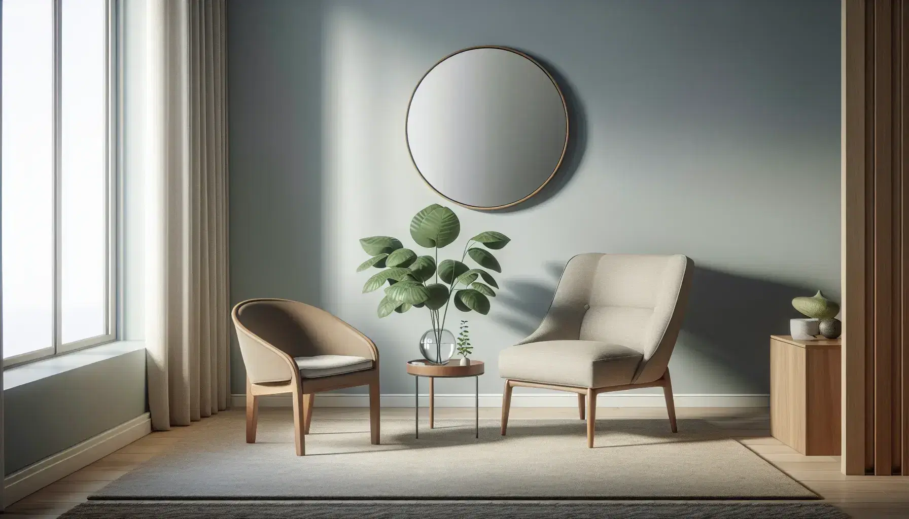 Minimalist therapist office with comfortable beige armchair, dark wooden chair, coffee table with vase and green plant, round mirror and gray carpet.