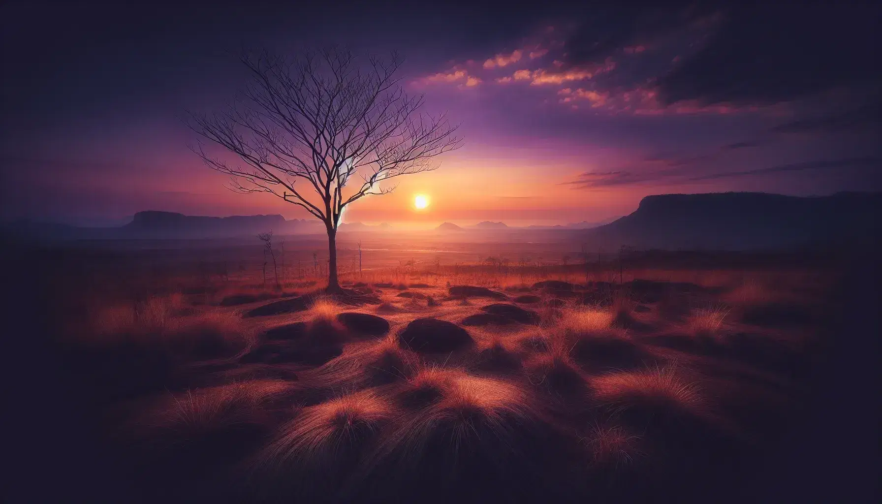Tramonto dai colori vivaci con albero spoglio in primo piano, campo di erba secca e silhouette di montagne sullo sfondo.