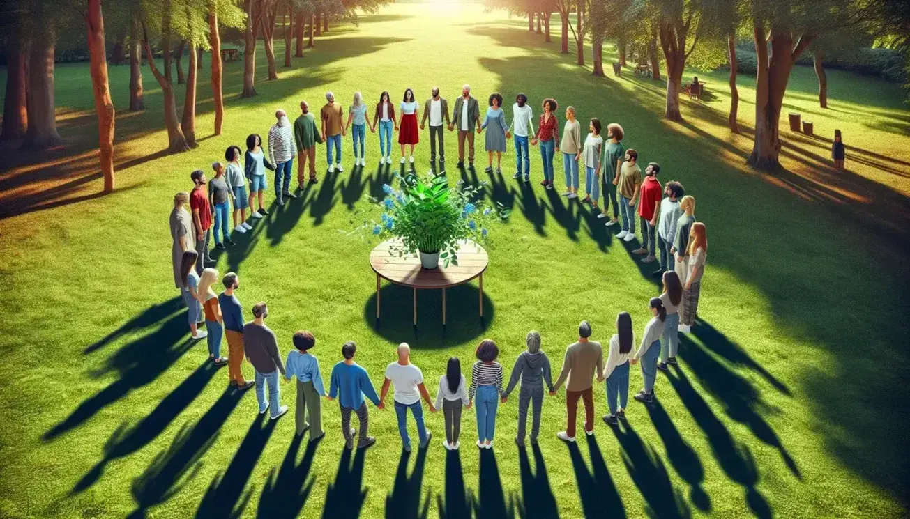 Grupo diverso de personas formando un círculo alrededor de una mesa con planta en un parque, reflejando colaboración y unidad en un día soleado.