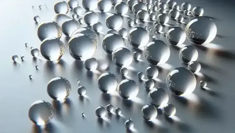 Sfere di vetro trasparenti di varie dimensioni su superficie grigia opaca con riflessi luminosi e gioco di ombre e trasparenze.