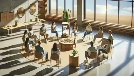 Grupo diverso de personas sentadas en círculo alrededor de una mesa con un reloj de arena, un rompecabezas y una planta, en una sala iluminada naturalmente.