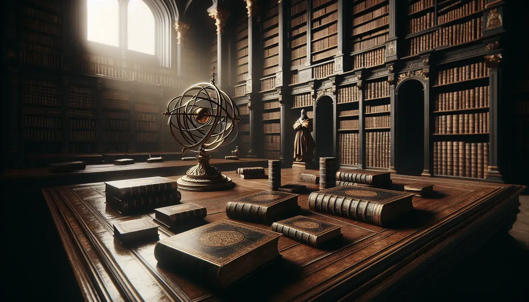 Biblioteca antica con tavolo in legno, libri aperti, sfera armillare in ottone, statue di filosofo e globo terrestre.