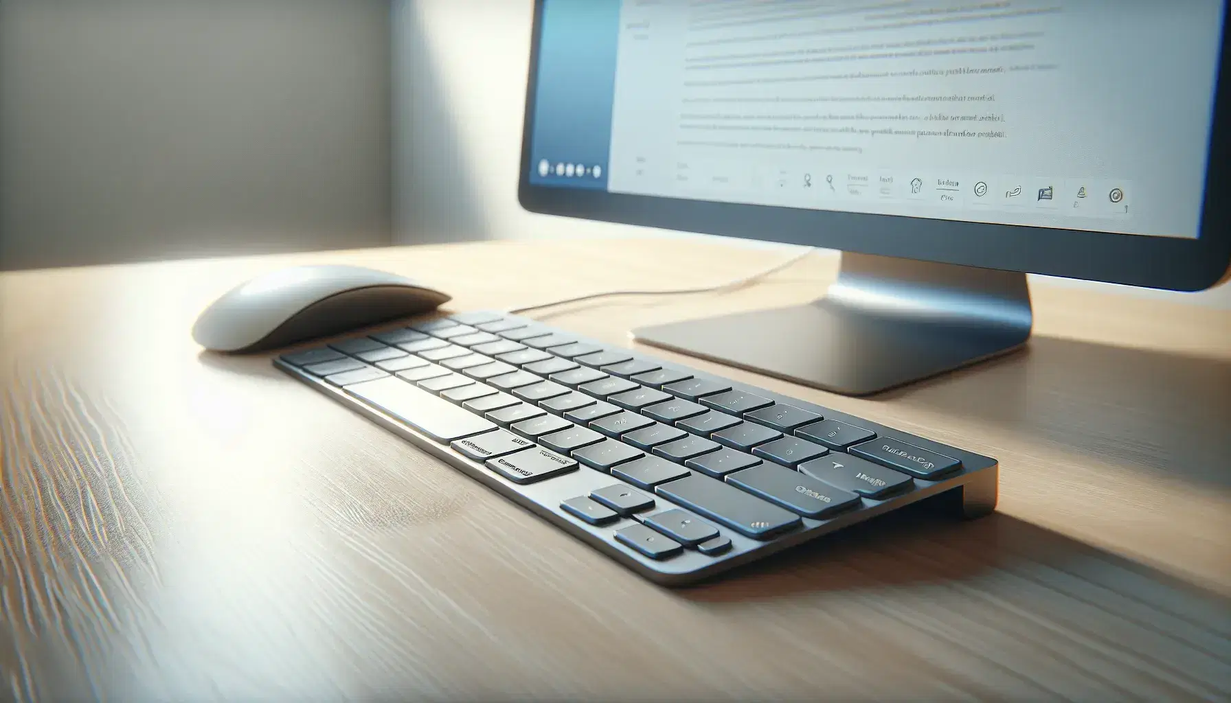 Close-up keyboard with gray keys without characters and mouse with scroll wheel on light wooden desk, uniform light blue monitor background.