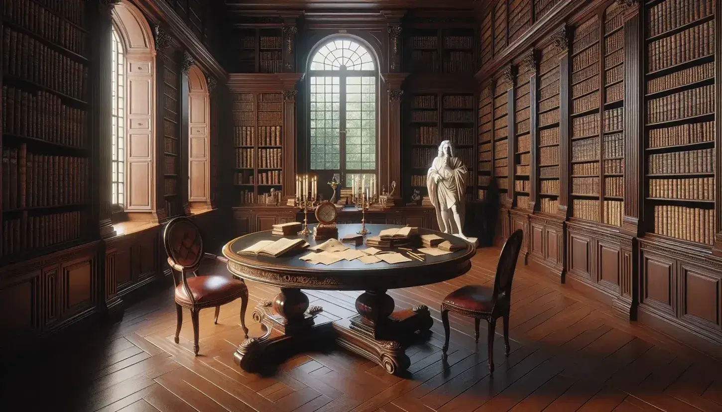 Biblioteca settecentesca con scaffali in legno scuro pieni di libri rilegati, tavolo ovale al centro, statua di Voltaire e candelabri in ottone.