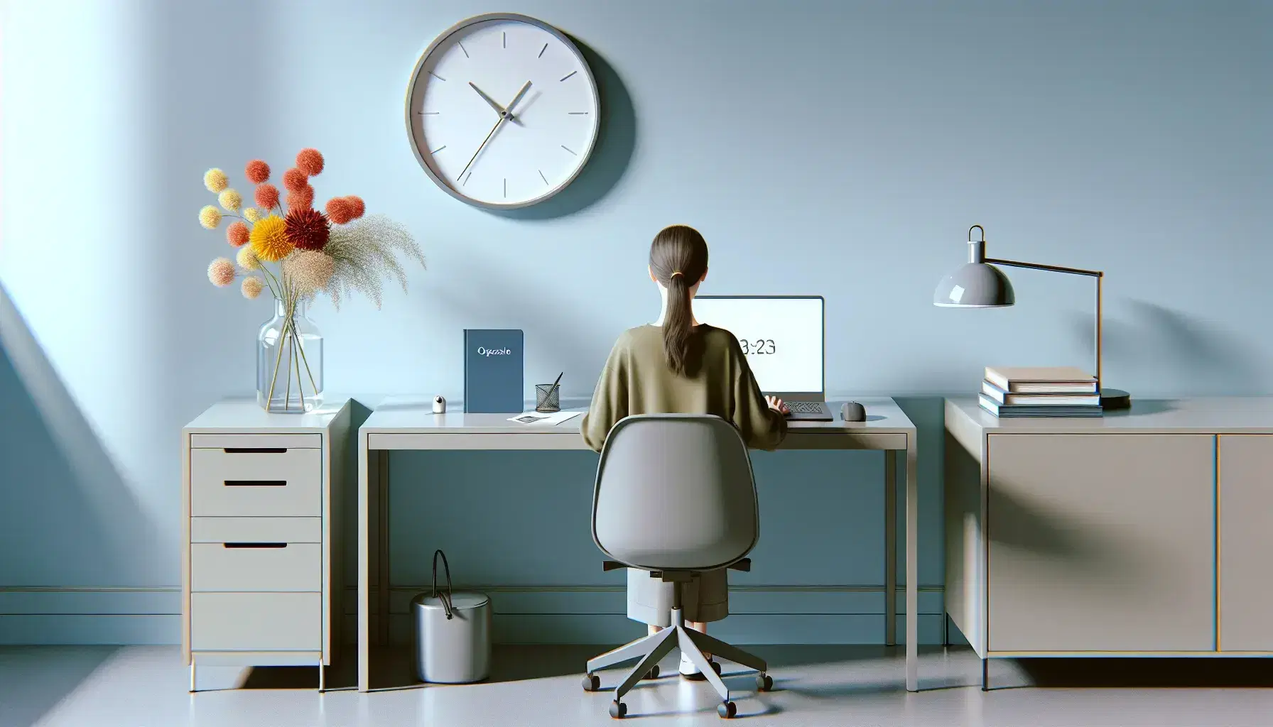 Ufficio scolastico moderno con scrivania chiara, laptop aperto, mouse grigio, quaderno blu, persona di spalle che digita e orologio analogico su parete azzurra.