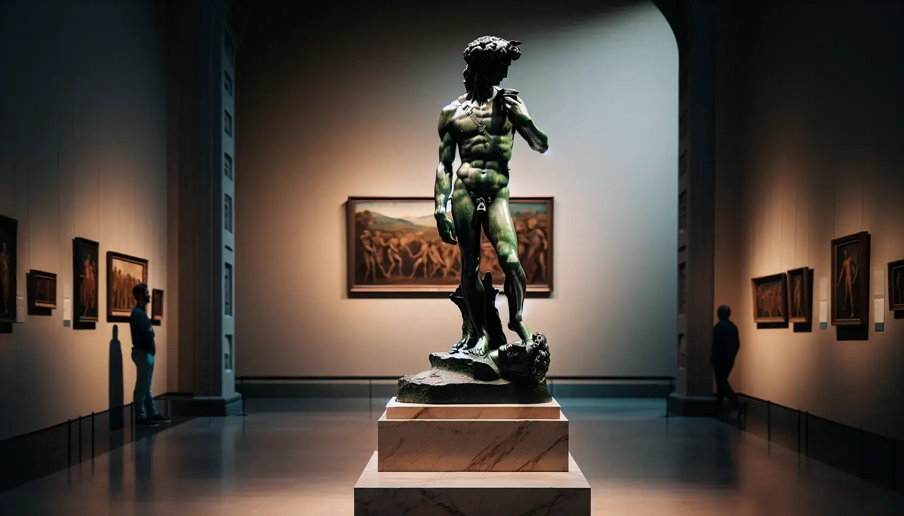 Statua in bronzo del David di Donatello su piedistallo in marmo, con dettagli fini e patina antica, in una galleria d'arte sfocata.