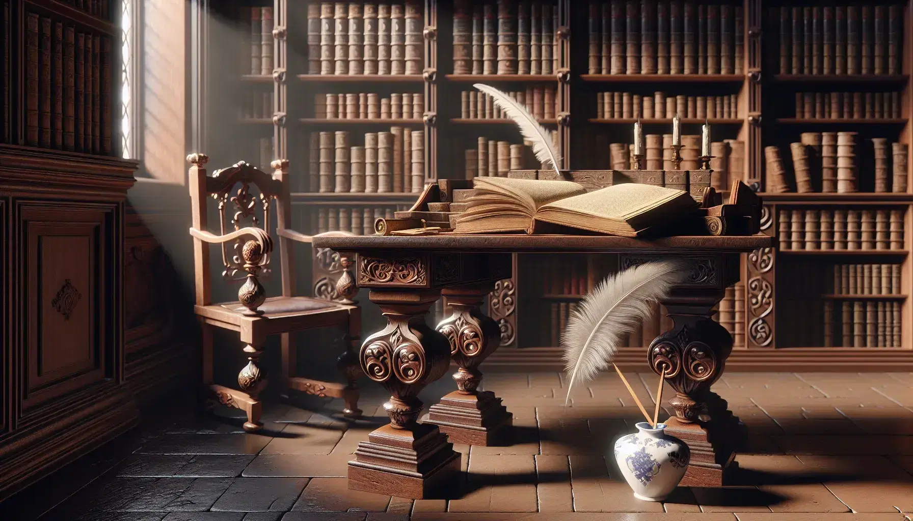 Biblioteca antigua con mesa de madera oscura y libro abierto, pluma en tintero de porcelana y estantería repleta de libros bajo luz cálida y suave.