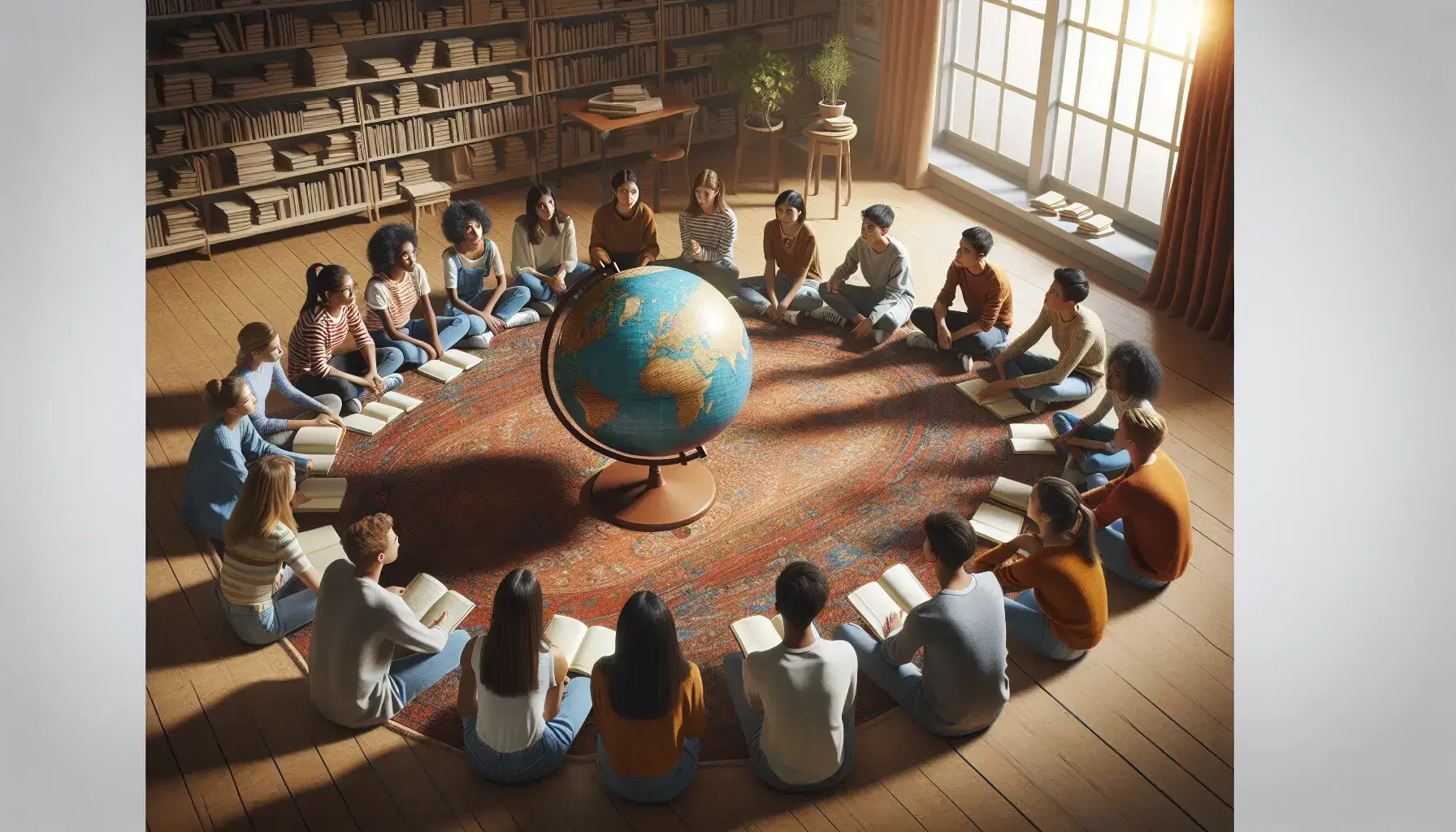 Grupo diverso de estudiantes sentados en círculo alrededor de un globo terráqueo en un aula iluminada naturalmente, discutiendo y tomando notas.