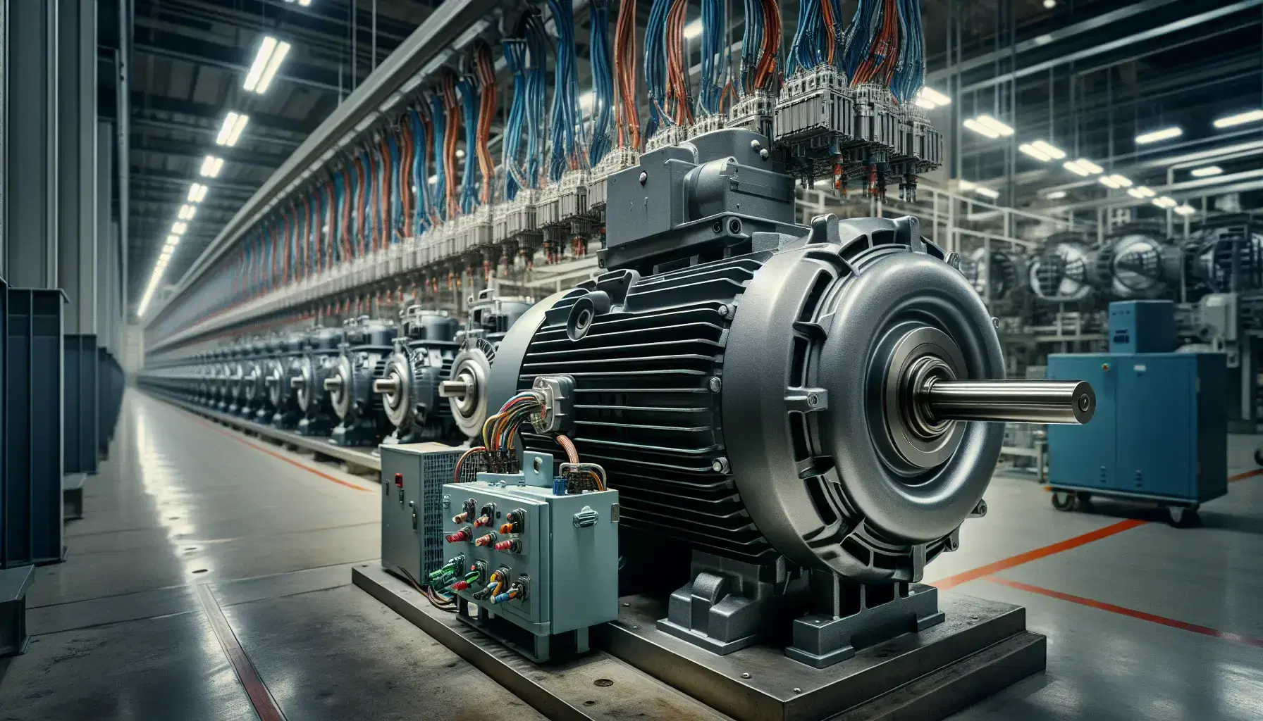 Motores eléctricos industriales alineados en fábrica con carcasa metálica gris, aletas de enfriamiento y cables de colores sin etiquetar.