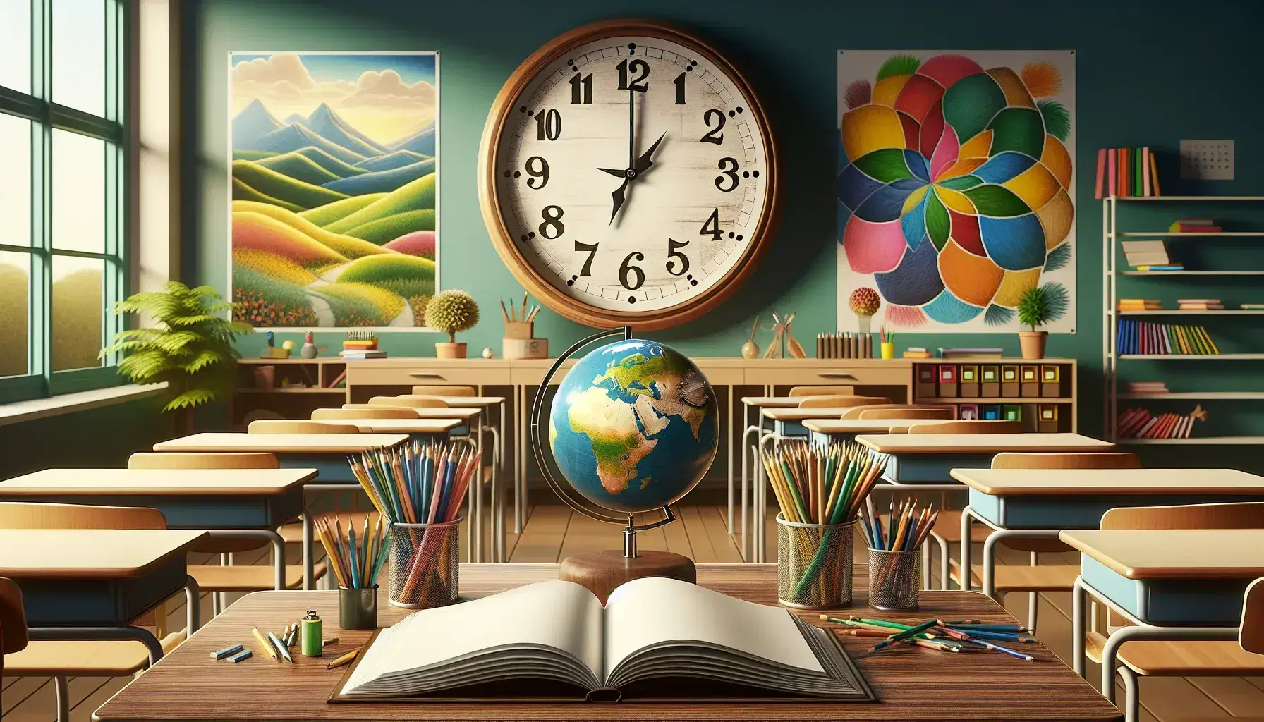 Aula scolastica con orologio segnante le 10:10, scrivania con libro aperto, mappamondo, matite colorate, banchi e poster paesaggistici.
