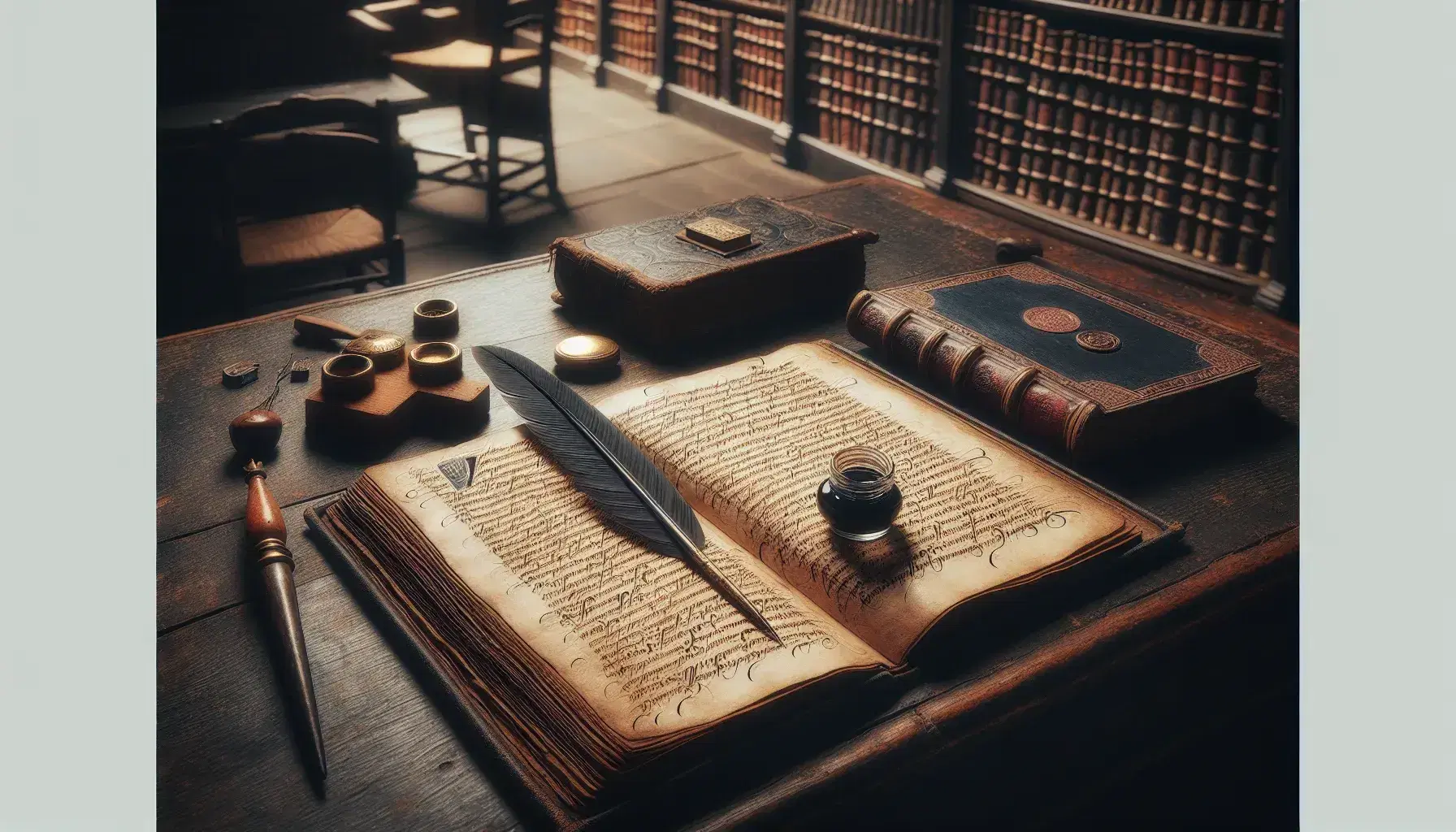 Scrivania in legno scuro con manoscritto aperto del XVII secolo, penna d'oca in calamaio di vetro e sigillo in ottone con ceralacca rossa.