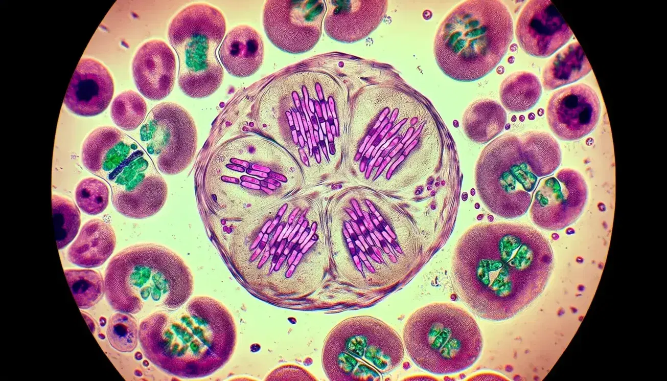 Células en diferentes fases de mitosis bajo microscopio óptico, destacando una en metafase con cromosomas en 'X', rodeada de células vegetales con cloroplastos.