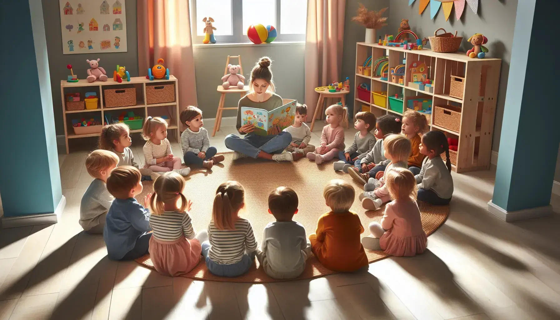 Niños pequeños sentados en semicírculo en el suelo atendiendo a educadora que lee libro ilustrado, en aula con juguetes y luz natural.