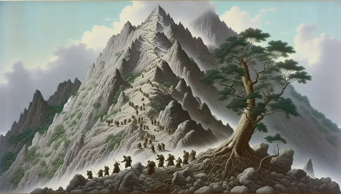 Montagna ripida con cima avvolta nella nebbia, sentieri tortuosi con escursionisti, albero robusto in primo piano e cielo azzurro.