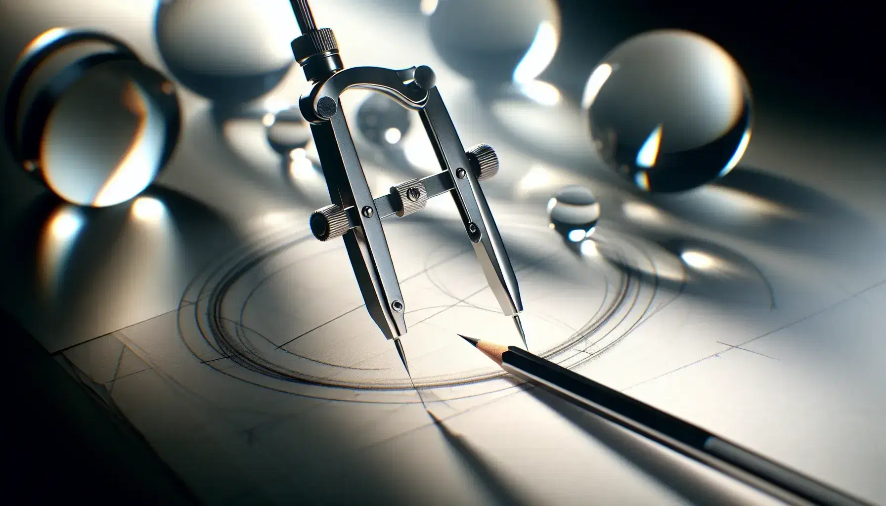 Close-up view of a silver geometry compass drawing a crisp arc on white paper, with blurred circular objects creating soft light patterns in the background.
