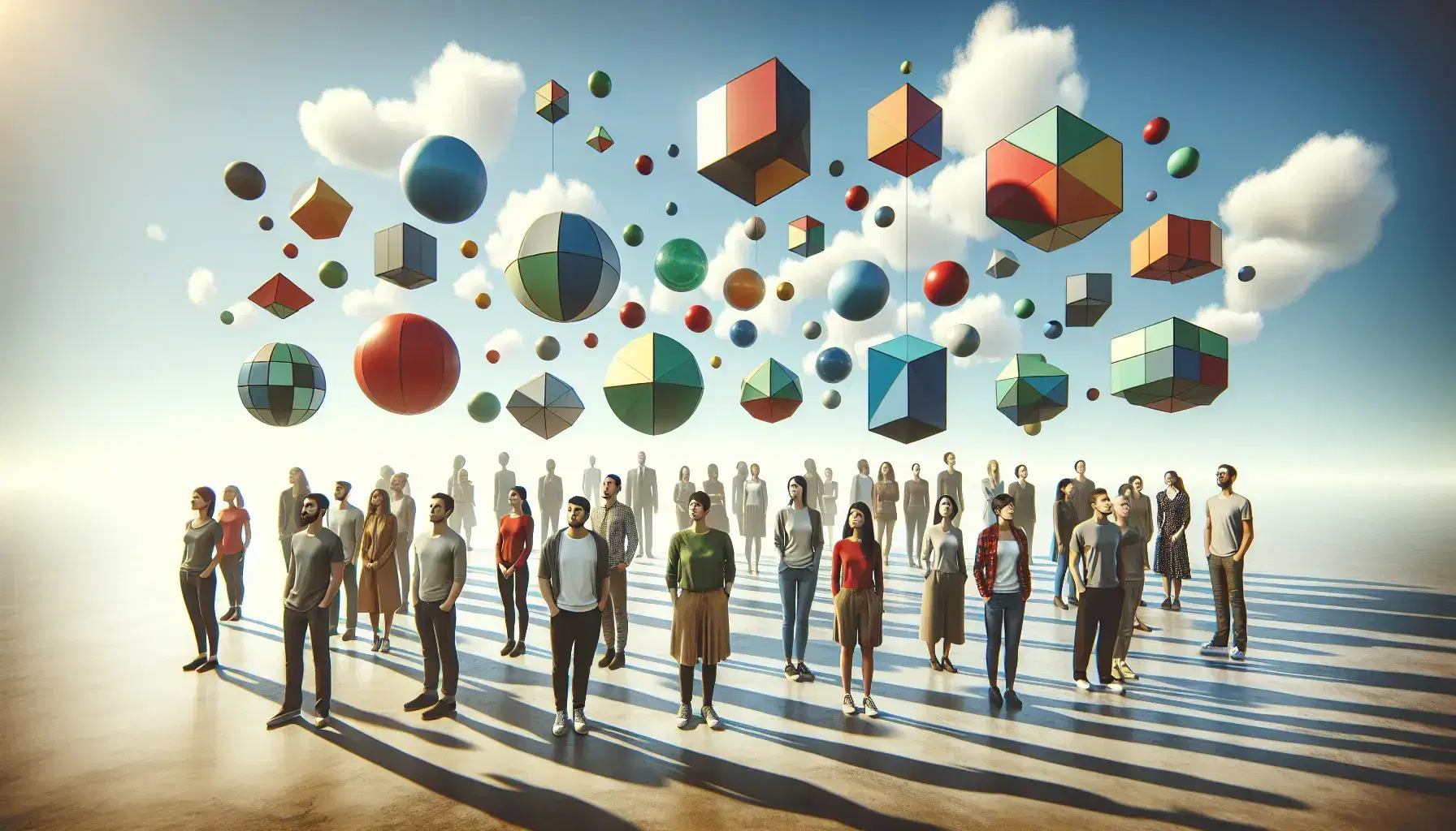 Grupo diverso de personas contemplando figuras geométricas flotantes en un parque con cielo azul y árbol al fondo.