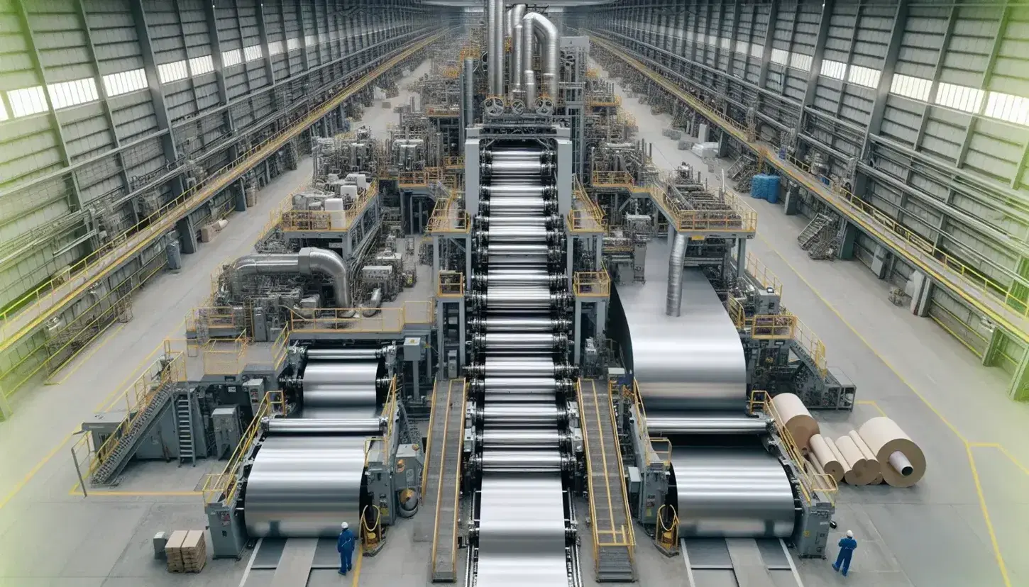 Vista aérea de planta de fabricación de papel y cartón con máquina continua, operadores supervisando, pilas de productos y tuberías en el techo.