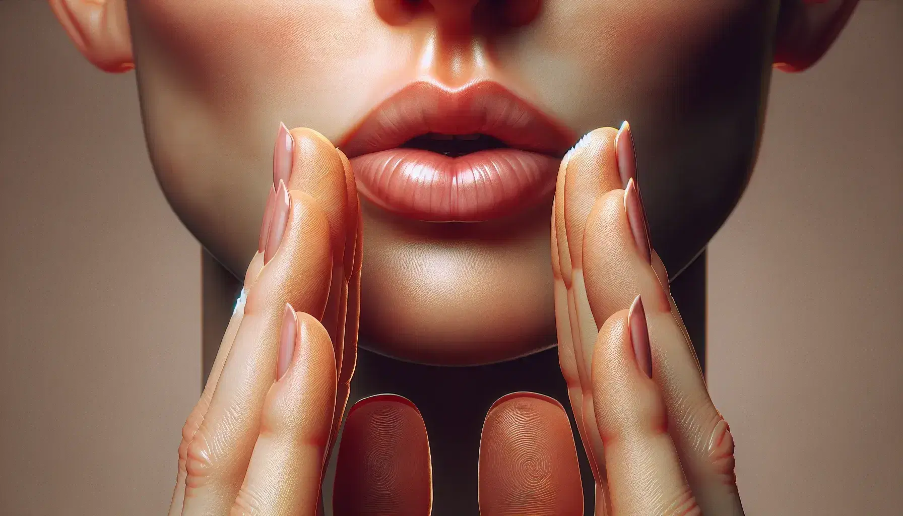 Close-up view of a relaxed human mouth with gently closed lips and hands poised to mimic bilabial phoneme articulation, set against a soft-focus background.