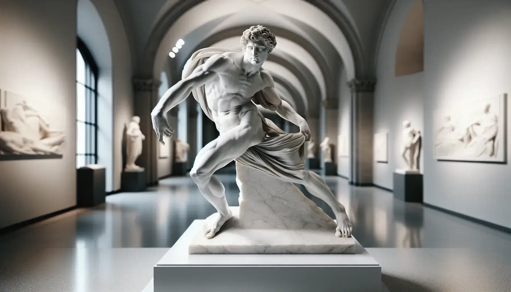 Escultura de mármol blanco de figura masculina en pose dinámica con túnica y músculos definidos, en un entorno de galería desenfocado.