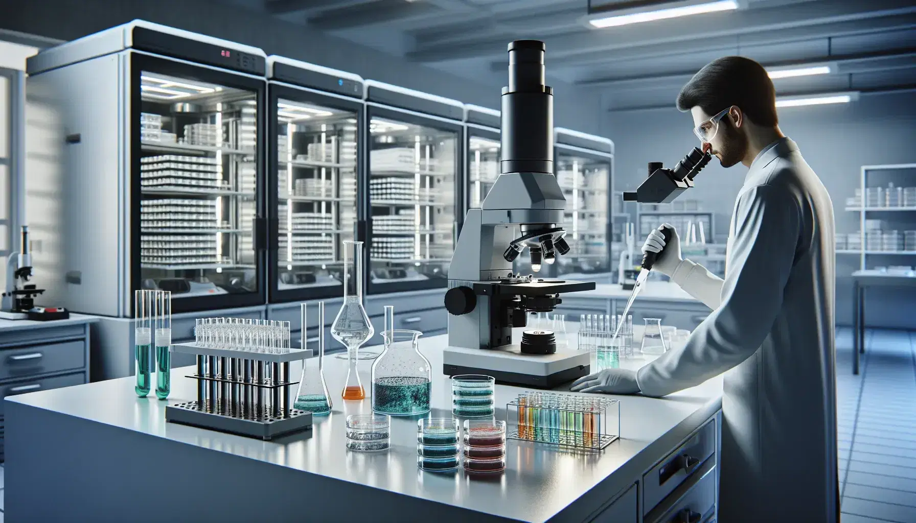 Laboratorio di ricerca biologica con microscopio elettronico, provette colorate, incubatrici per colture cellulari e ricercatore al lavoro.
