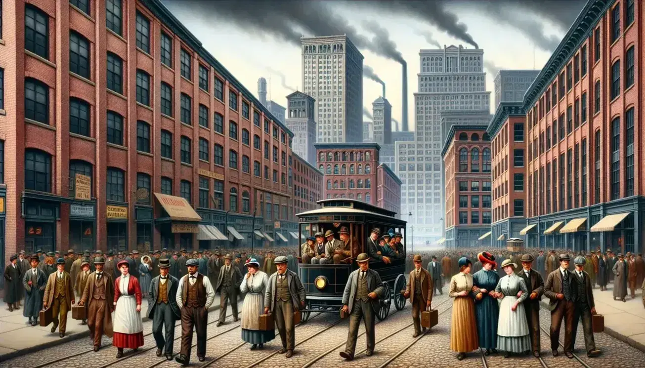 Early 20th-century city street scene with diverse factory workers exiting a brick building, horse-drawn streetcar in motion, and a backdrop of industrial buildings with smoking chimneys.