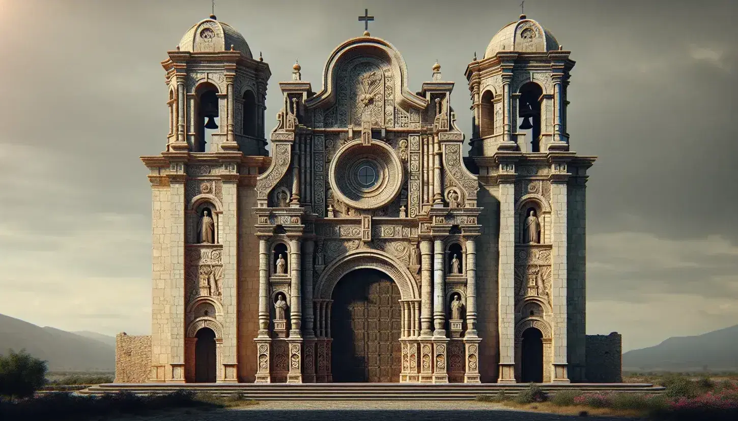 Fachada de iglesia novohispana post-conquista con torres simétricas, cúpulas de azulejos coloridos, estatuas de santos y arco decorado sobre puerta de madera tallada.