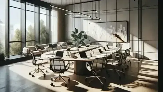 Sala riunioni moderna e luminosa con tavolo ovale, sedie ergonomiche, laptop, fogli e penna, lavagna bianca e pianta verde.