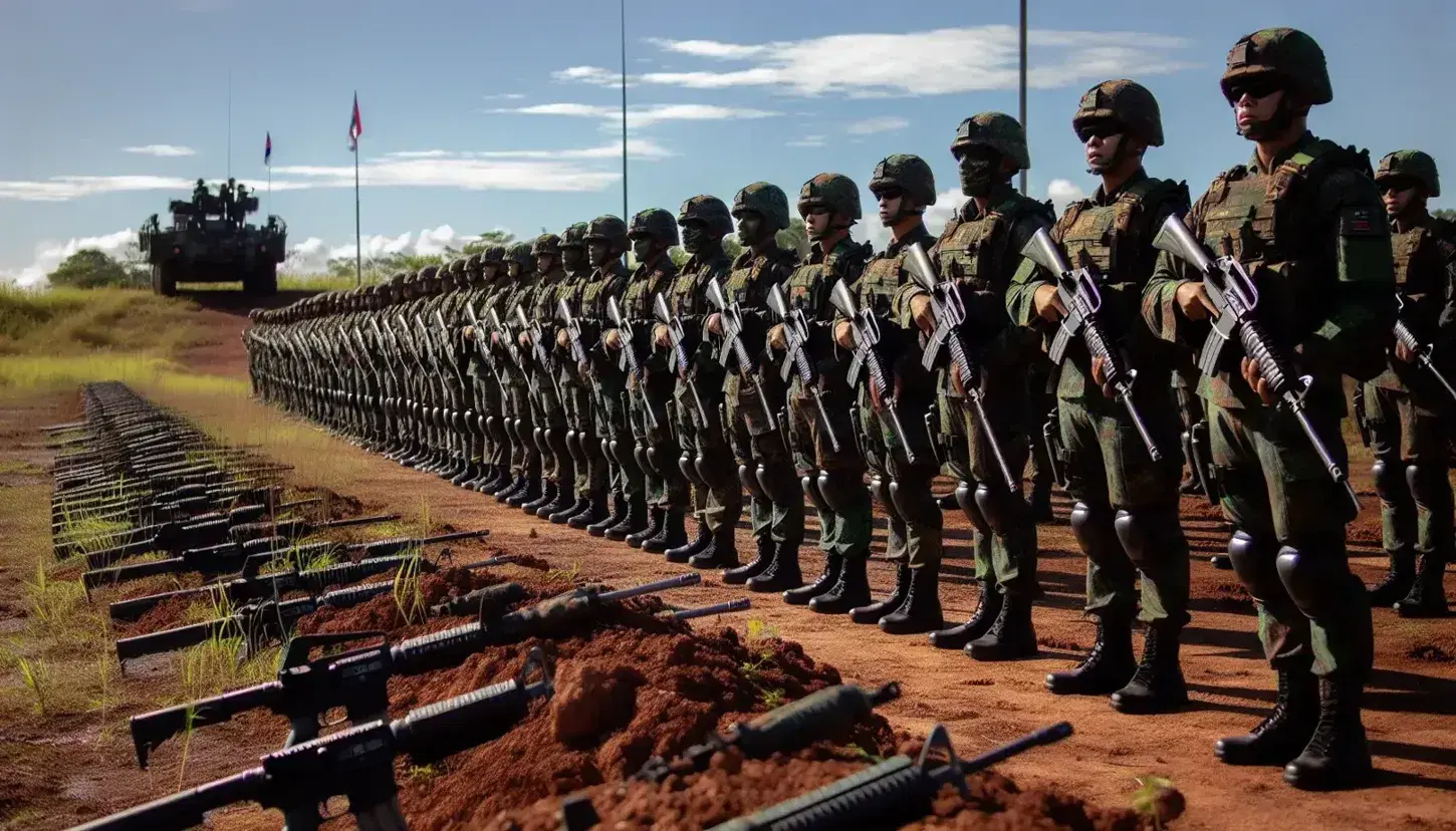 Grupo de soldados en uniforme de camuflaje formados al aire libre, sosteniendo rifles frente a un cielo azul con nubes dispersas.