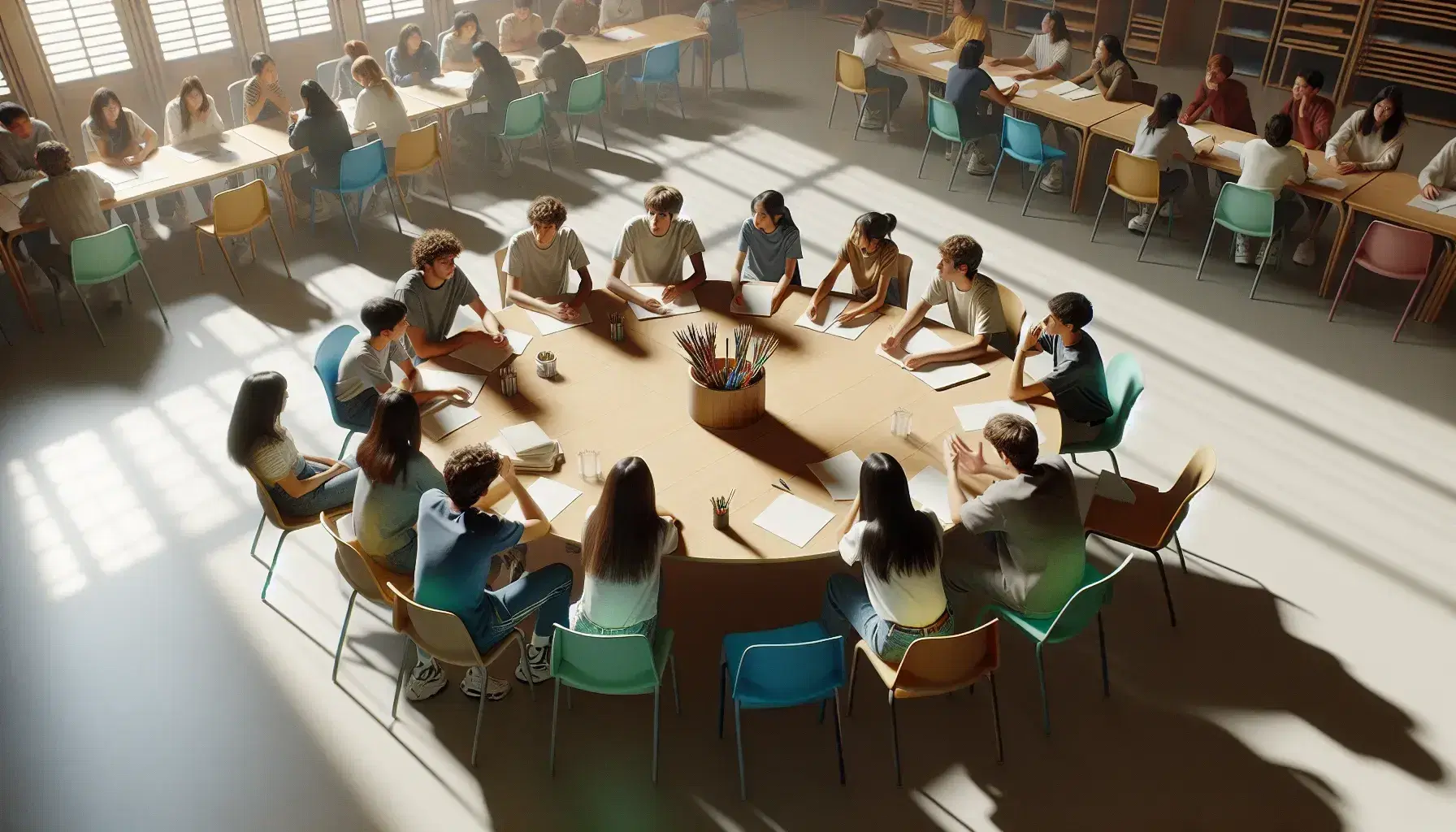 Grupo de estudiantes diversos sentados alrededor de una mesa redonda en una sesión de estudio colaborativo, con papeles y útiles de escritura, en un ambiente iluminado naturalmente.
