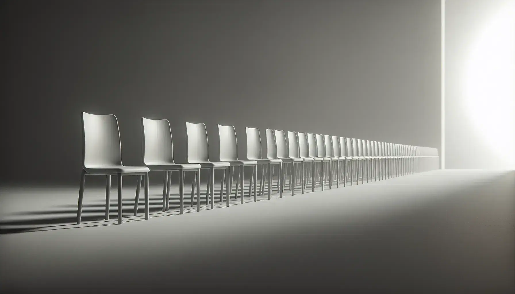 Identical white chairs lined up on dark gray flooring fade into the distance with soft lighting and light shadows.