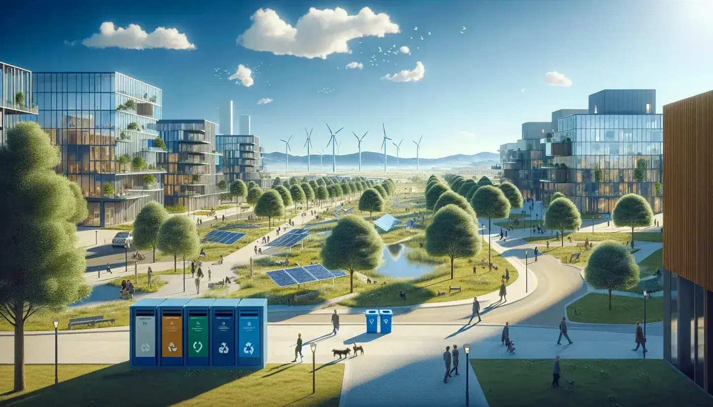 Paisaje urbano con edificios modernos con paneles solares, turbinas eólicas al fondo, parque con gente y perros, y montañas azules.
