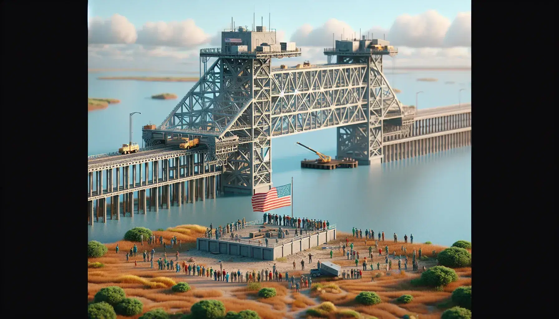 Puente de metal gris sobre cuerpo de agua azul con bandera de Estados Unidos ondeando y personas observando en un día soleado con cielo despejado.