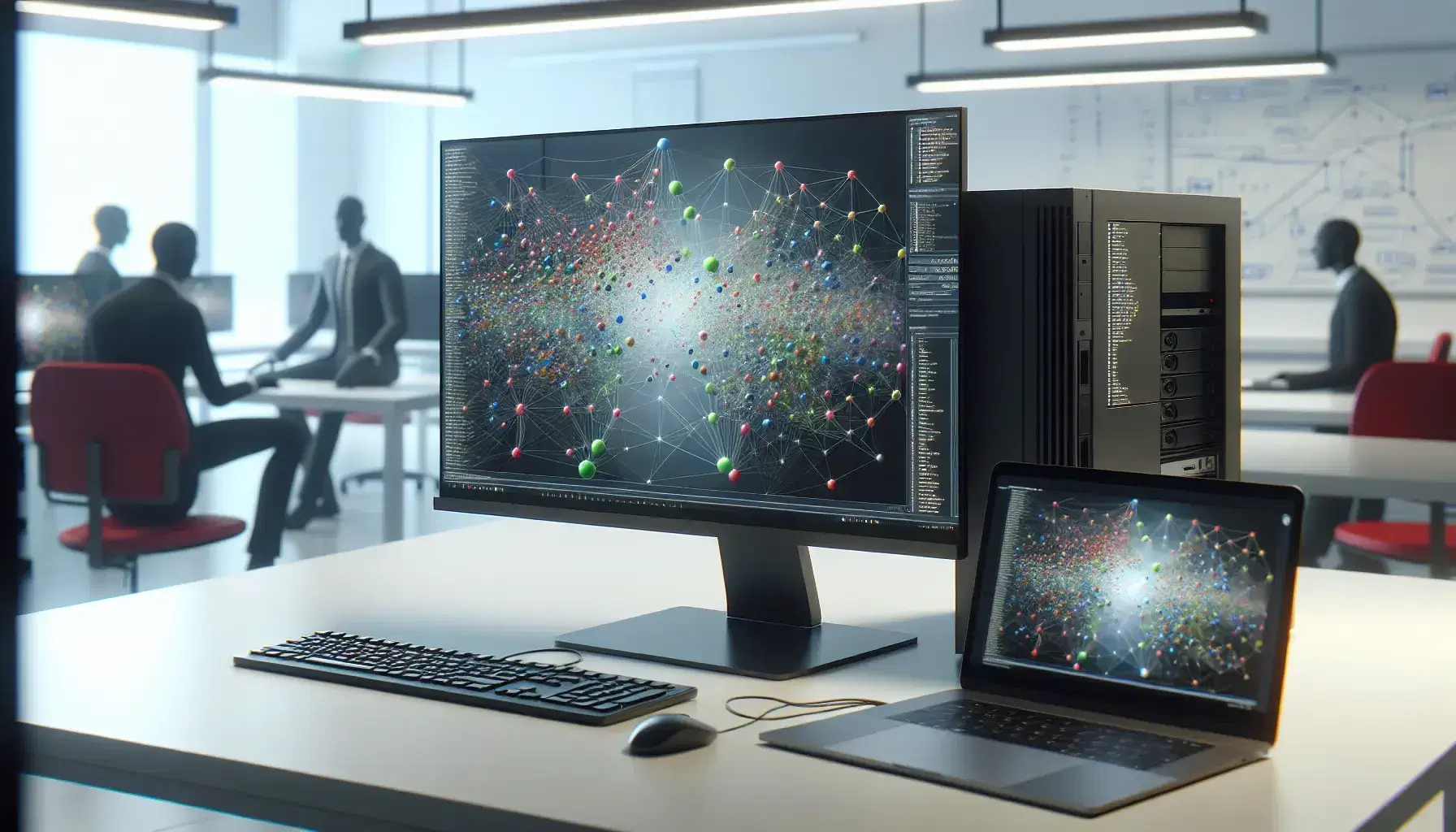 Modern computer lab with desktop and laptop computers showing colorful nodal graphs, blurred researchers discussing in the background.